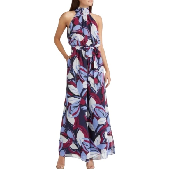 Eliza J Print Tie Waist Wide Leg Jumpsuit 4 Floral‎ Purple Burgundy High Neck